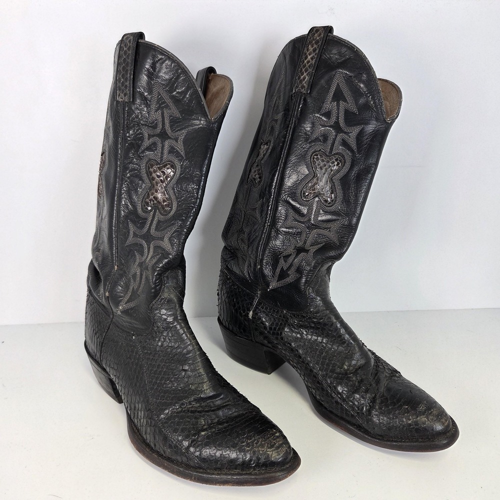 Vintage J Chisholm Boots Mens 8.5 Black Leather Western Cowboy Python USA